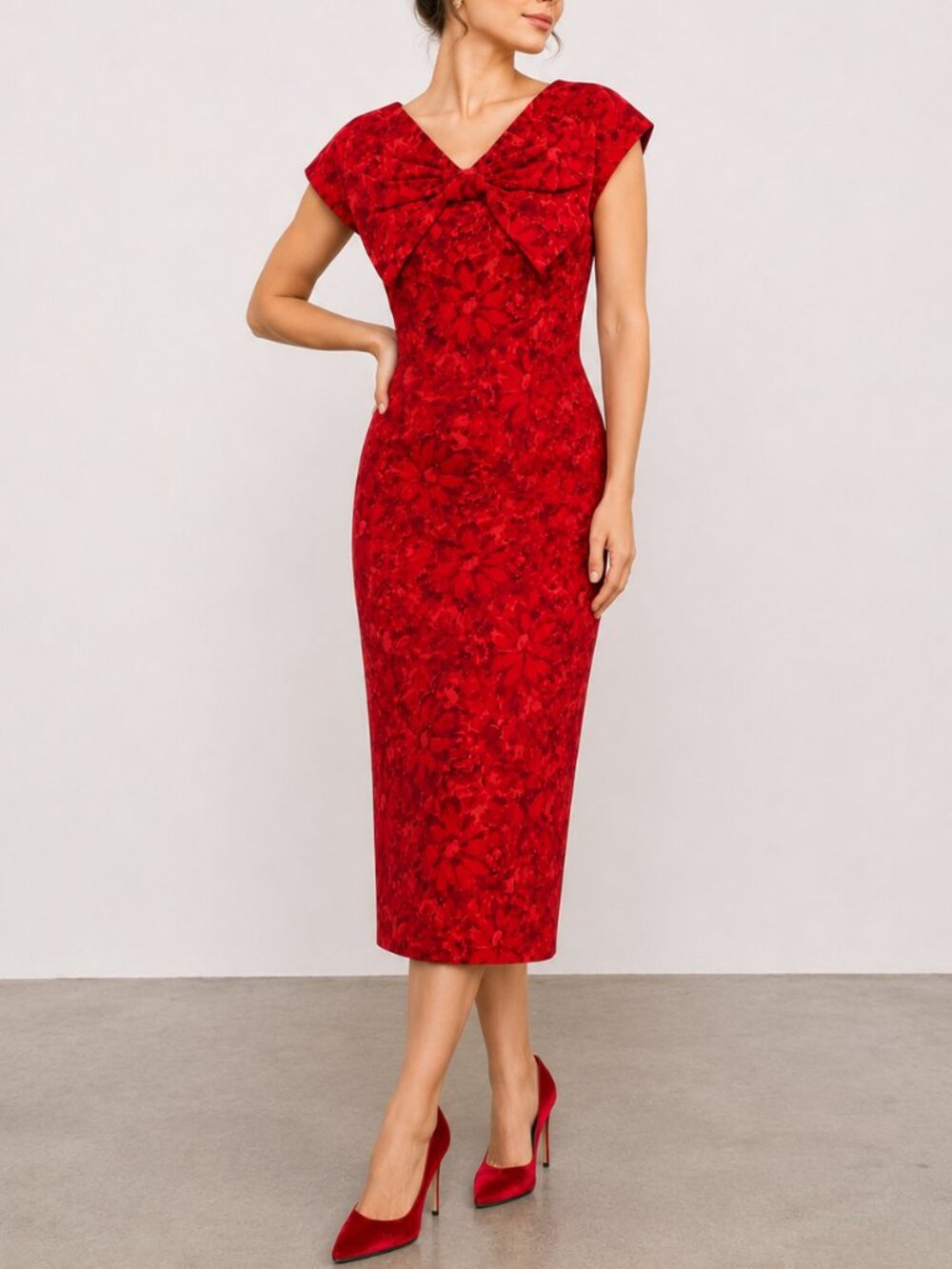 VINTAGE 1950's TNT ORIGINALS Red Velvet Floral Cocktail Midi Dress Bow Accent 6